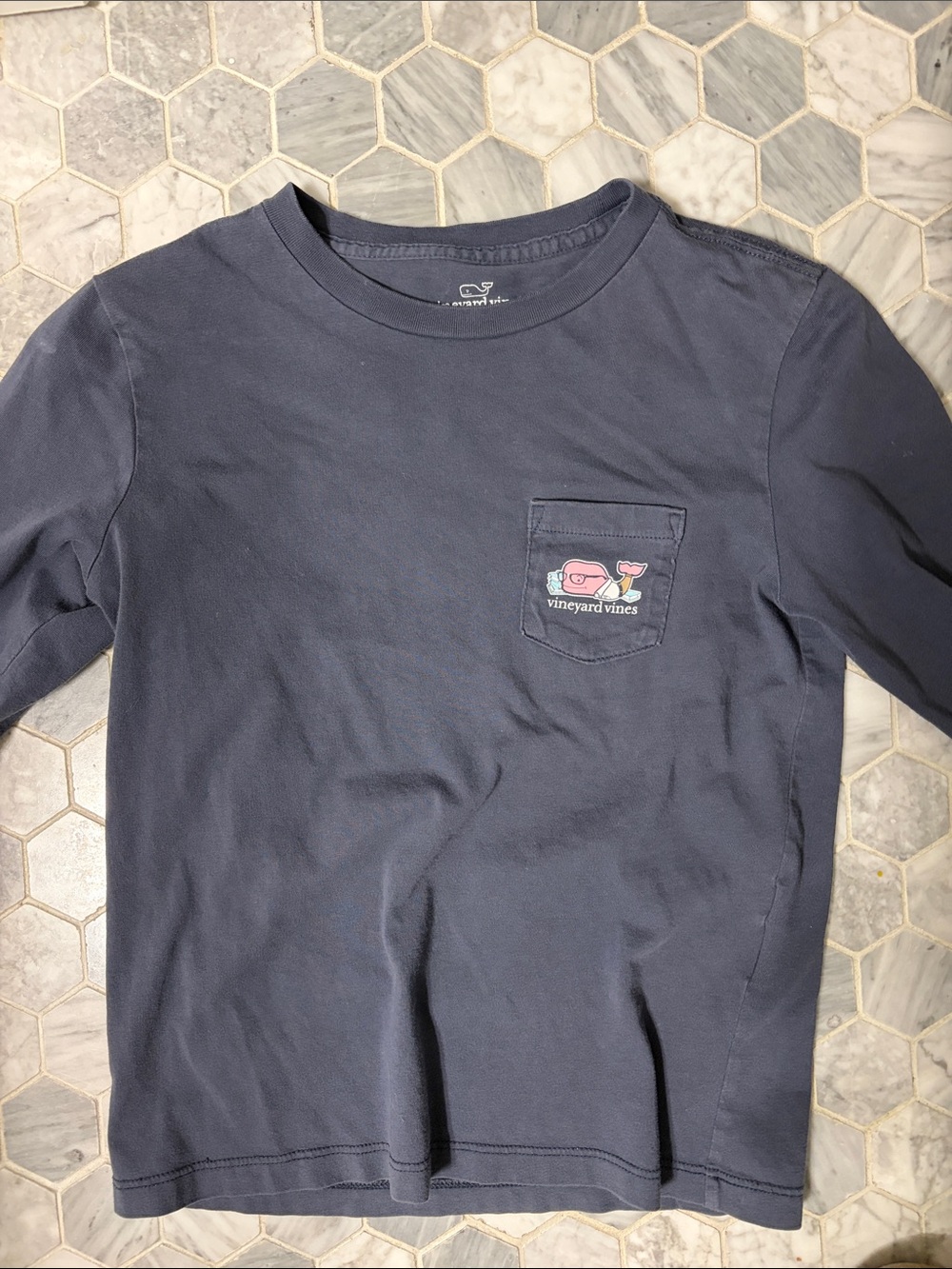 Vineyard Vines Navy Long-Sleeve Pocket Tee with Pink Logo
